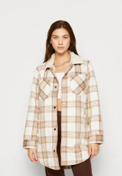 Hollister Co. Sherpa Long Shacket - Short Coat - Tan Plaid